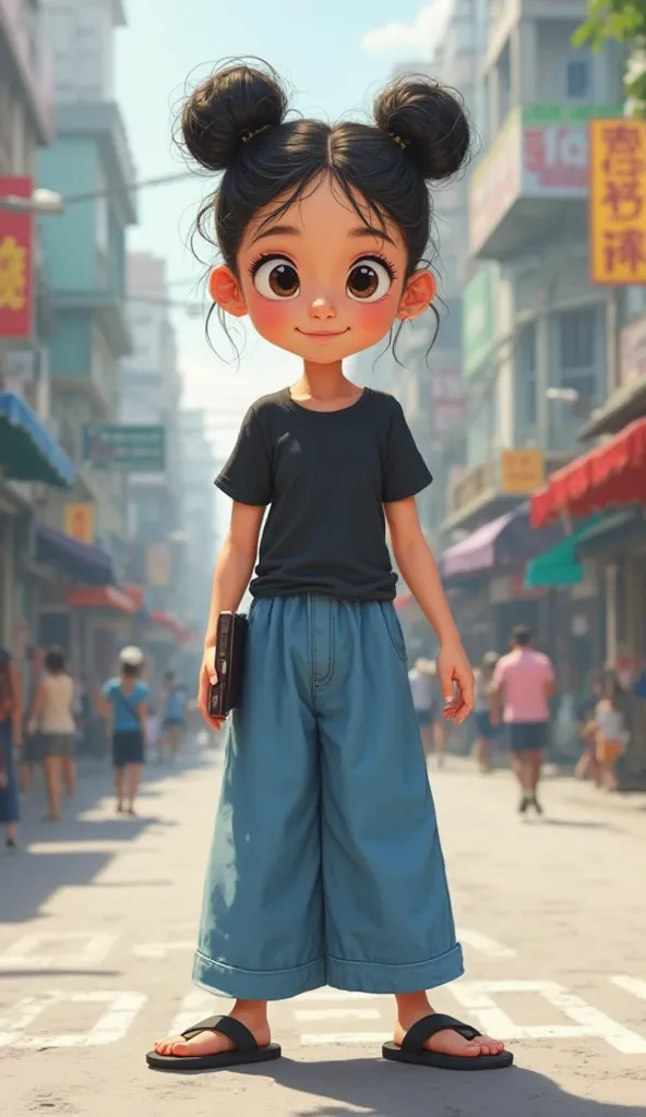 A young girl is standing on the street. She is slightly slim, tall, and has a cream-colored complexion. Her hair is black and styled in a ball-like shape. Her face is  elongated. She is wearing a black t-shirt. She is also wearing a blue long trouser. She ...