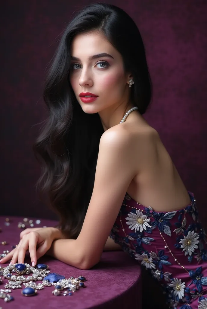 A beautiful 22 year old Russian woman. She's gorgeous, with long straight jet black hair, Nivea white skin, with round and fine features, bright sapphire blue eyes, and round red lips. Esta con un vestido Ethereal Gown with Floral Embroidery morado, elegan...