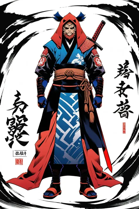 cyberpunk ninja action novel。a lone ninja。((white background illustration ))。((full body illustration))。(( standing))。The face of an old man。disaster々Shii Ninja Mask。Flow-style costume。Footwear and sandals for feet。Wear a sword。Long bangs that cover half o...