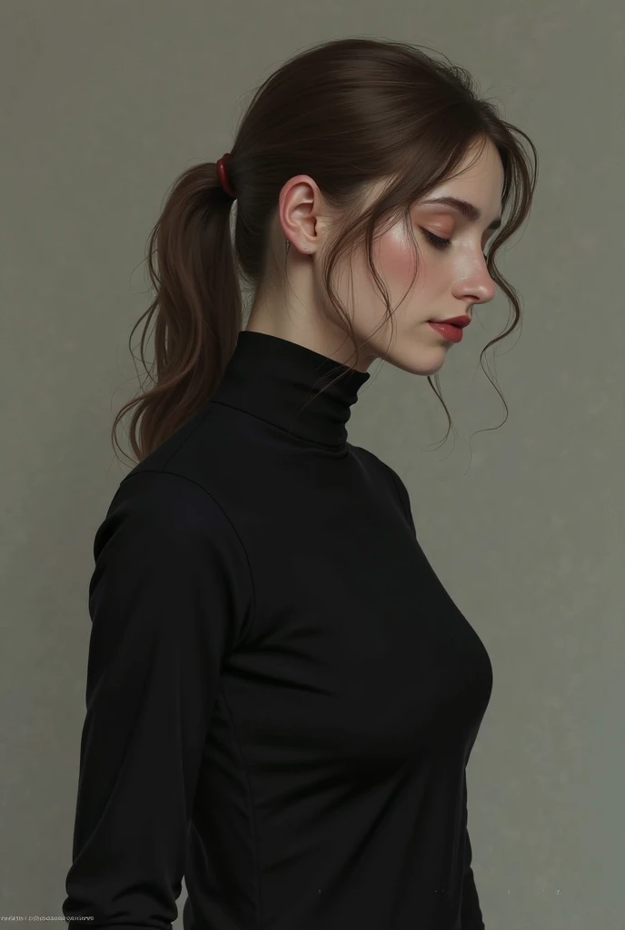 women half body shown with black turtleneck outfit, facing forward with no make up, staying still with eyes closed and light brown pony tail hair