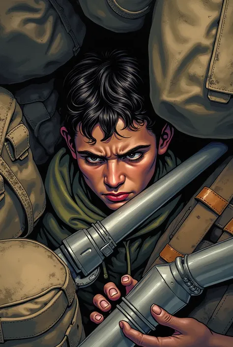 Marvel comic book style illustration of the young King Saul from the Bible, That he is sitting and hidden among military luggage and weapons, with reflective face .