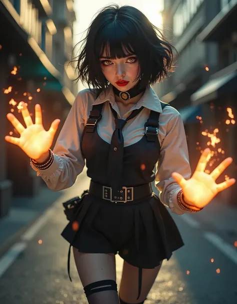 ((RAW photo), absurd, (absurdresolution)), (sexy), (tangerine-colored pupil, sharp pupil), ((realistic style)), ((slender, shapely girls)), (short hair, bangs) (Character with special powers or abilities) ((Collegiate attire or uniform, ripped, burned, hol...
