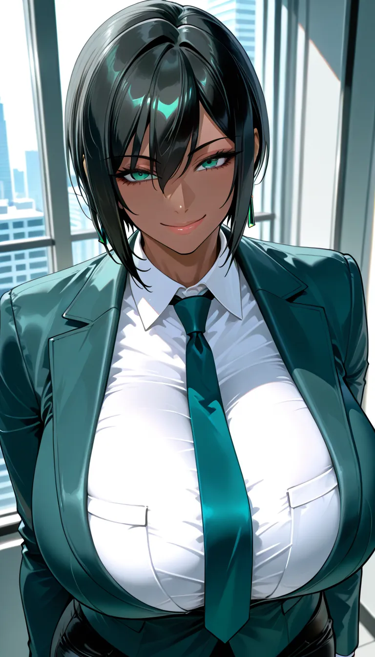 score_9, score_8_up, score_7_up, milfication, 1girl, solo, mature female, milf, looking at viewer, gigantic breasts, jacket, collared shirt, necktie, pants, upper body, dark skin, short hair, straight hair, black hair, teal eyes, smile