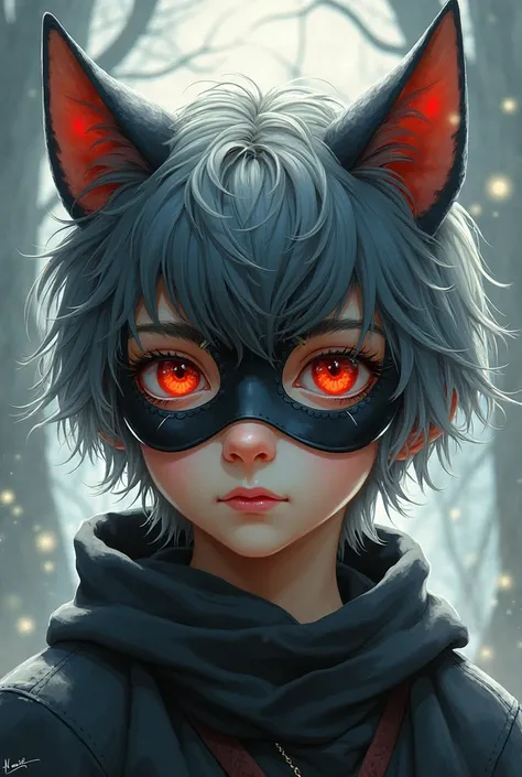 red-eyed , gray-haired boy wearing a black cat mask
Draw it like an animation