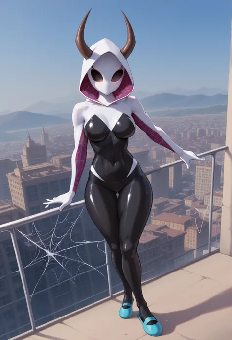 buildings in the background, ((blue day background, summer day)),cowboy shot, posing standing, relaxed pose, aerial view, view from above, shiny backgro, und, day, summer, ((looking at the viewer)), hollow eyes, hornet \(hollow knight\), newest, absurdres,...