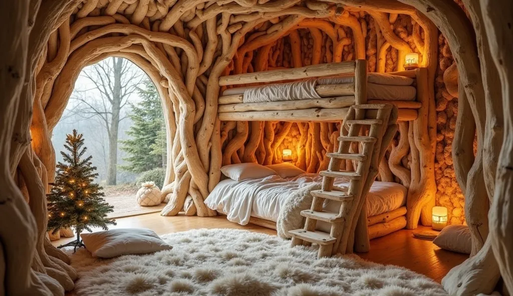  living :  garden :It is a, bedroom in golden wood unique fantasy style, and the 、 There is a designed bunk bed with natural golden trunks and twigs in the middle。the bed frame is made of fine material,  curved branches 、 stairs also designed in the same w...