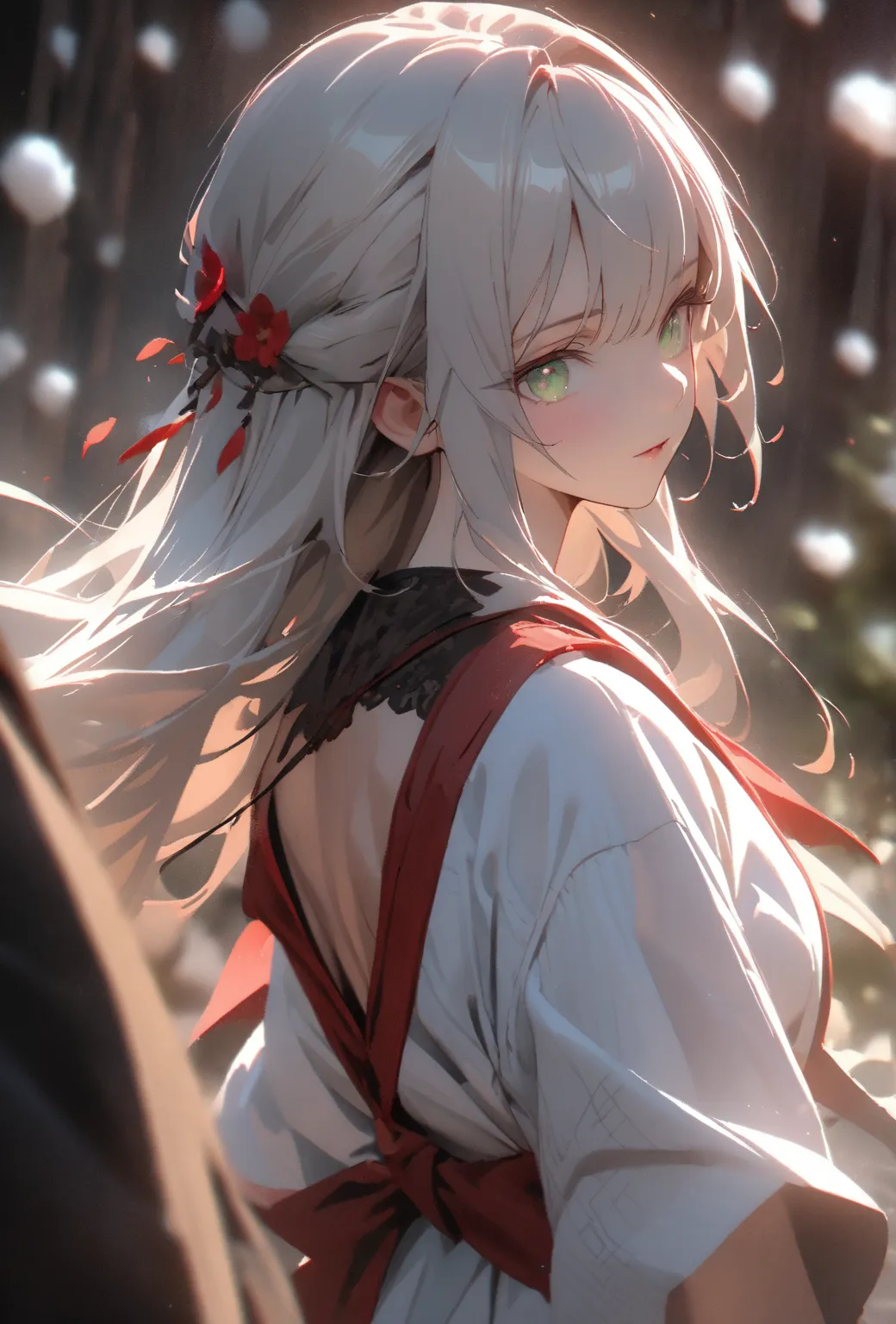 1 female, young , wearing white kimono, rolled up sleeves, white hair, long hair, dense hair, face to detail, detailed eyes, bright green eyes, red ribbin, the background is a flower field with snow. attractive, eye reflection, depth of field, thunder aura...