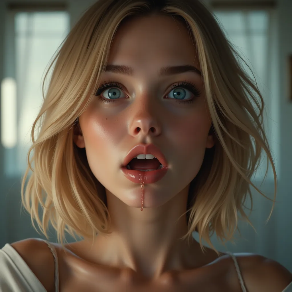 High resolution, Hyper realistic, super detail, masterpiece, photorealistic, beautiful, Hyper detailed, a young pretty female with blonde medium bob hair and blue eyes, gasping and drooling 