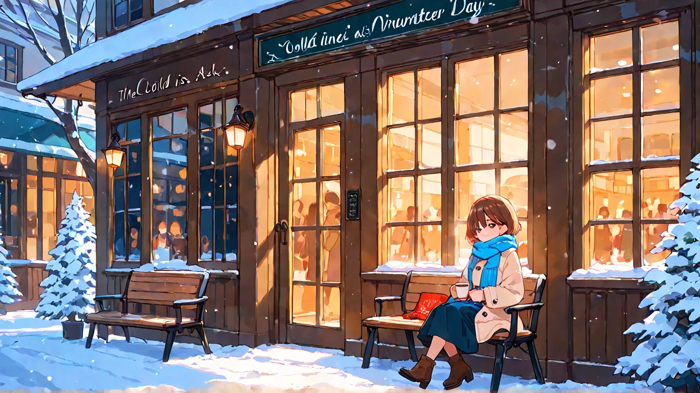 A cozy European-style café with a warm and inviting atmosphere. A beautiful Japanese woman in her 20s is sitting by the window, enjoying a hot cup of coffee. She is dressed in elegant winter clothing, with a soft scarf and a stylish coat. Outside, the cold...