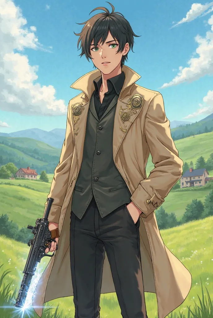 "An anime-style illustration of a young man with short, slightly messy black hair and striking green eyes. He has a calm but determined expression, standing in a bright countryside with rolling green hills, a clear blue sky, and a few small houses in the d...