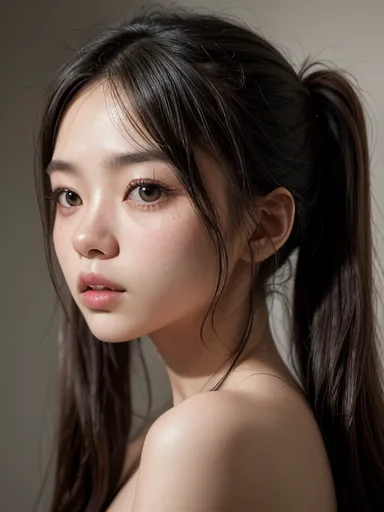 Realistic portrait of an 18 year old young japanese girl, petite body, nubiles body, small breasts, long black hair with fringe and twin tails, sweet and angelic face, thin and upturned nose, big and highly detailed light brown eyes, long eyelashes, highly...