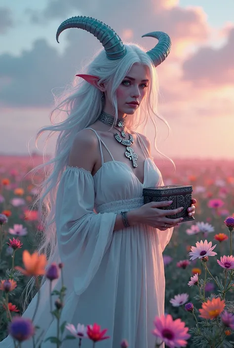  Demon Woman, white dress with touches of turquoise,white hair light blue highlights,silver cross necklace , a beautiful field of flowers of different colors happy holding a box that she found in a pink dusk

