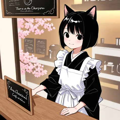 Masterpiece, standing, college girl, full body, kimono, apron, cafe clerk, cafe menu board, saying welcome, cat ears, smile, black hair, bob, black eyes, cherry blossoms and Mt. Fuji in the background