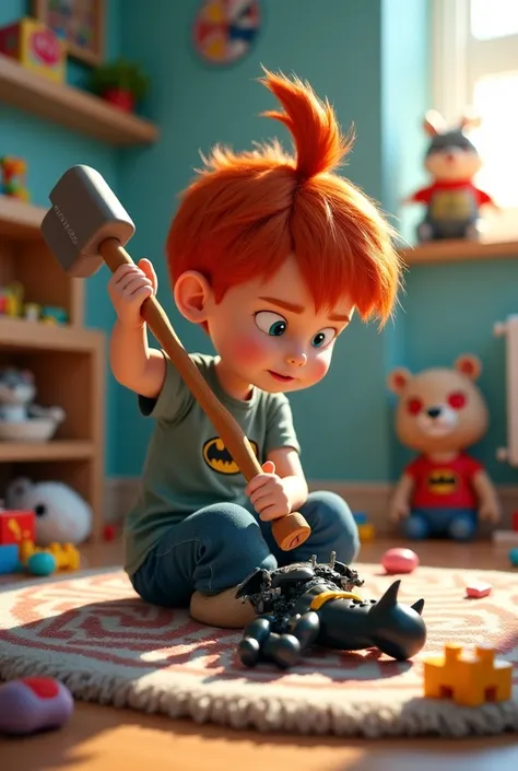 A boy with beautiful red hair in a ponytail sits on a rug in a playroom 
Holding a sledgehammer and breaking a disintegrated plastic Batman toy broken on the floor