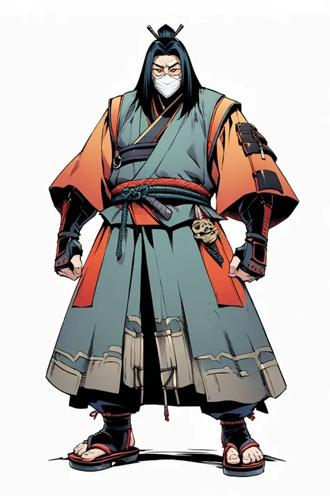 cyberpunk ninja action novel。a lone ninja。((white background illustration ))。((full body illustration))。(( standing))。The face of an old man。disaster々Shii Ninja Mask。Flow-style costume。Footwear and sandals for feet。Long bangs that cover half of the face。Lo...