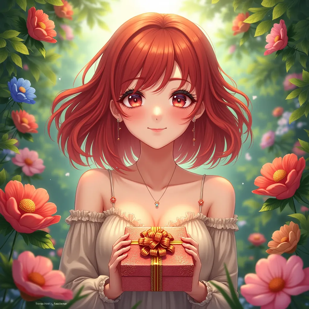 On the background, the inscription is an adult anime girl with red hair up to her shoulders, in flowers , holds a bright gift with sparkles and flowers, 1DAY - 7 GIFTS