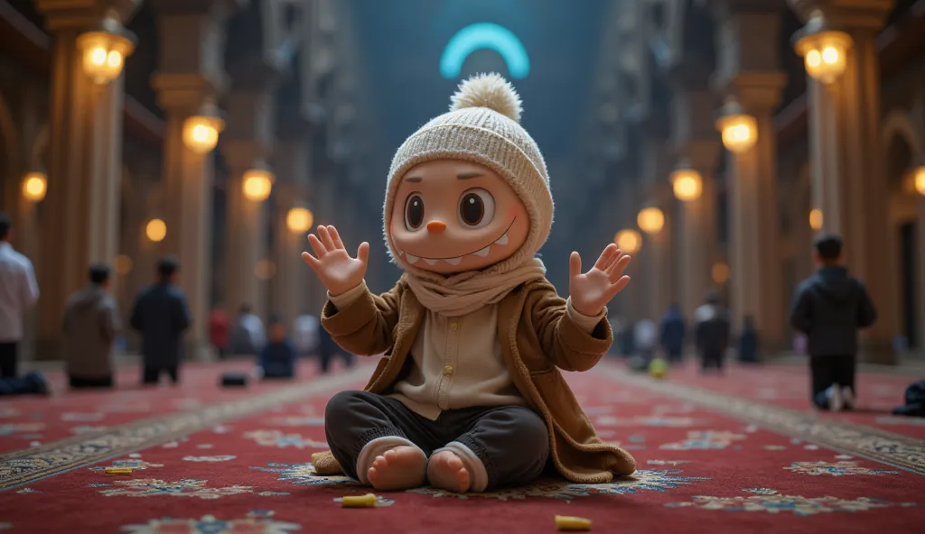 Labubu character sitting on the carpet raising his hands in prayer wearing a white beanie hat at night, inside the mosque.