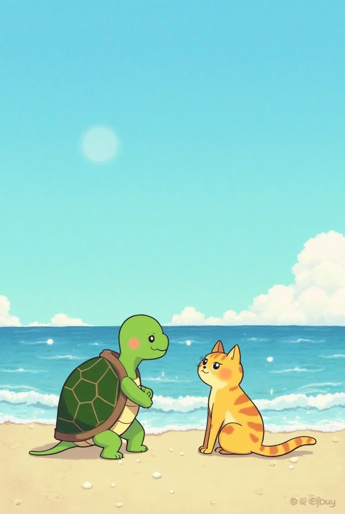 {
  "prompt": "The green turtle and the yellow cat finally reach the safe shores of the beach. The cat looks tired but incredibly grateful, with a relieved expression on its face. The cat’s fur is still wet, and its body appears relaxed as it sits on the s...