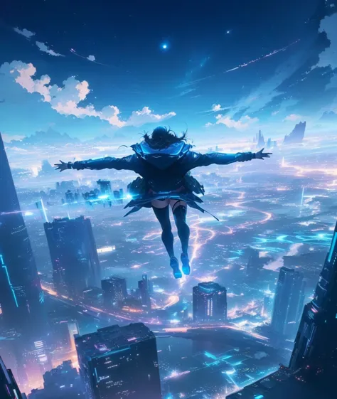 Woman flying over the night city,  Ross Tran style,  Ross Tran. Landscape Background, inspired  Ross Tran, in the style of  Ross Tran,  Makoto , Space Sky. Shinkai Seisaku ,  Ross Tran, Octane Rendering. Shinkai Seisaku , Anime aesthetics, Anime aesthetics...