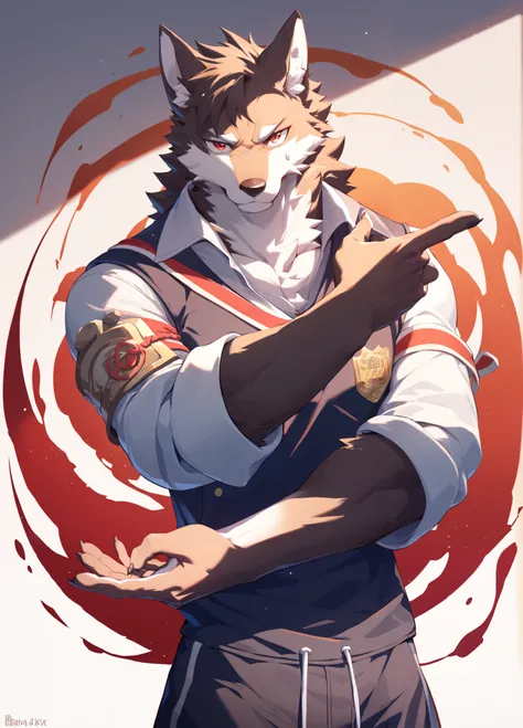 furry,   masterpiece， alone，Young， pure black werewolf，is thin but sturdy， red eyes ，Long sleeve student uniform，Sweatpants、4K， 8,000， high resolution ，  masterpiece：1.2），  Super Fine ， In front of the bedroom ，There is a natural dent in the crotch，Cross y...