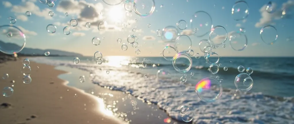 bubbles floating in the air on a beach near the ocean, floating bubbles, ethereal bubbles, bubbles in the air, Bubbling scenery, bubbles, soap bubbles, lots of bubbles, bubbles everywhere, bubbles of the impossible, bubble, soap bubble mind, soap bubble, [...