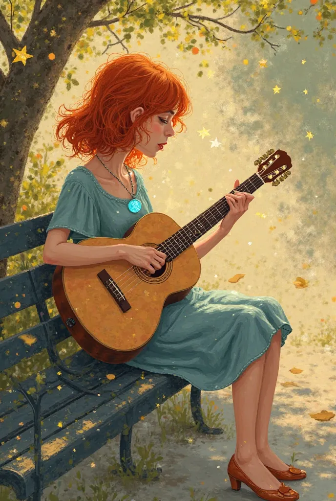 high resolution , Minimalism , Bright pure colors ,  BOOK illustration, details against beige paper , Storybook ,  red-haired girl, playing a guitar melody on a park bench, there is a small round pendant glowing blue around their necks on a silver chain. f...