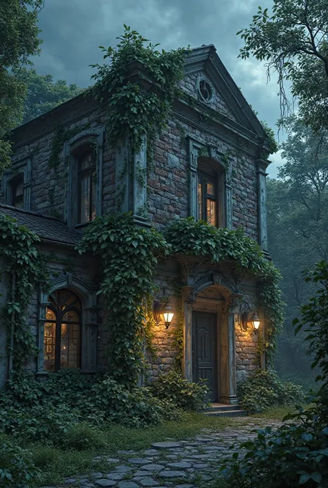 Abandoned old style architecture and foliage and night light 