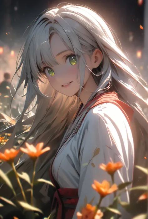 1 female, young girl, 12, wearing a long white kimono, rolled up sleeves, white hair, long hair, dense hair, face to detail, detailed eyes, bright green eyes, red ribbin, smiling wide, showing anime teeth, the background is a flower field with snow. attrac...