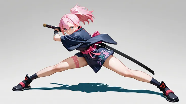 A cyberpunk samurai holding a Japanese sword, Majo_PS, dynamic pose, fighting against 2 shadow enemies 、2 shadow samurai in the background, ponytail、pink hair、 Japanese cyberpunk kimono、 perfect face 、perfect eyes, Masterpiece, anatomically accurate , top ...