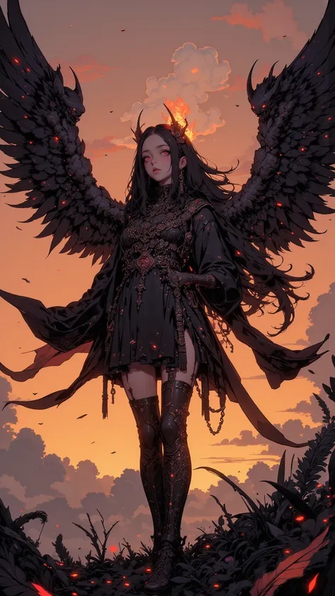 Illustration of a Fallen Angel Woman Flapping Her Wings in the Sky,画面いっぱいTo沢山の羽毛が舞い散る, Wings emphasize light and shadow,Fallen Angelic Elements（Thin fabrics and shiny materials）To、Dark colors and chains、Add damaged embellishments,high contrast,荒れた空To雷雲,Or ...