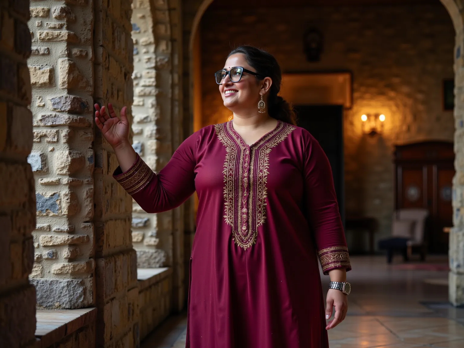 A 27 years old ,matured,american white woman with A plus sized fitted body,full figured body shape, ivory white round-shaped face.

She and her husband. She walks through the halls of Bunratty Castle, touching the stone walls and admiring the medieval arch...