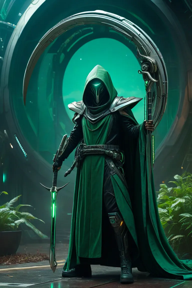 A cyberpunk wizard in green robes holding an ornate scythe stands next to their flying ship, in the style of a sci-fi movie still, in the style of ArtStation.