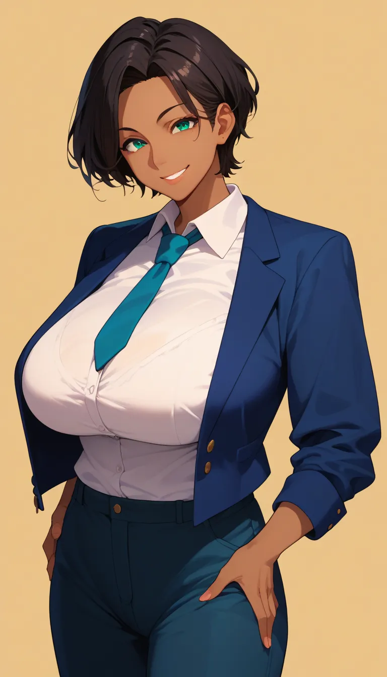 score_9, score_8_up, score_7_up, milfication, 1girl, solo, mature female, milf, looking at viewer, gigantic breasts, jacket, collared shirt, necktie, pants, upper body, dark skin, short hair, straight hair, black hair, teal eyes, smile