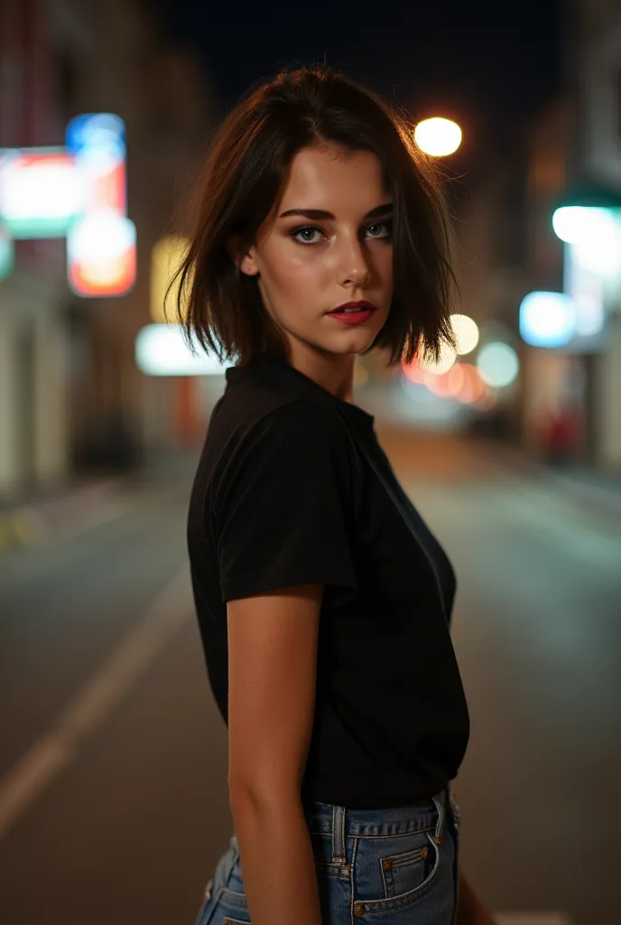 woman 25 years old green eyes serious face, make up natural sin detalles, Haircut short bob straight pear-length, Photo standing on the corner of a street at night, dressed in a jean skirt and black t-shirt,  from back looking back . very casual photograph...