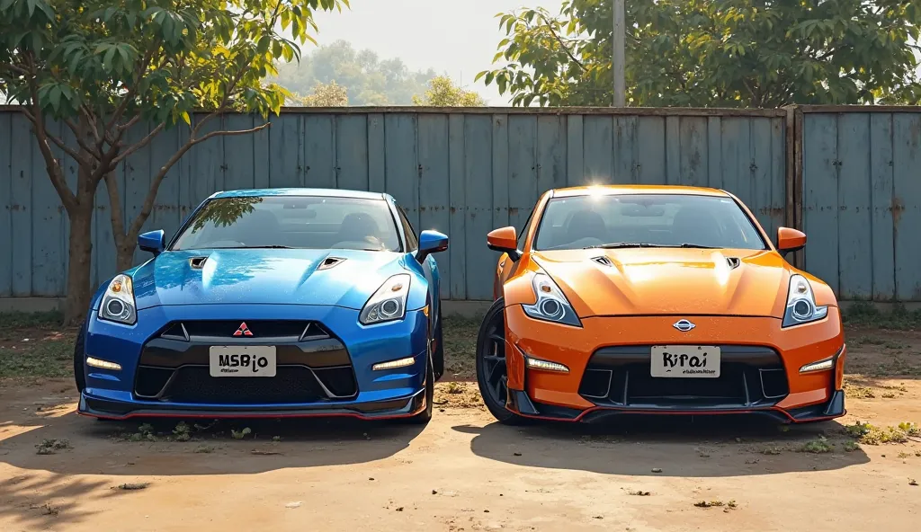 High-resolution digital painting of Mitsubishi eclips in blue and Nissan 350Z in orange, littered with dust, parked side by side of a Thai fence,Thai license plate,precise, has been honored many times, masterpiece, 