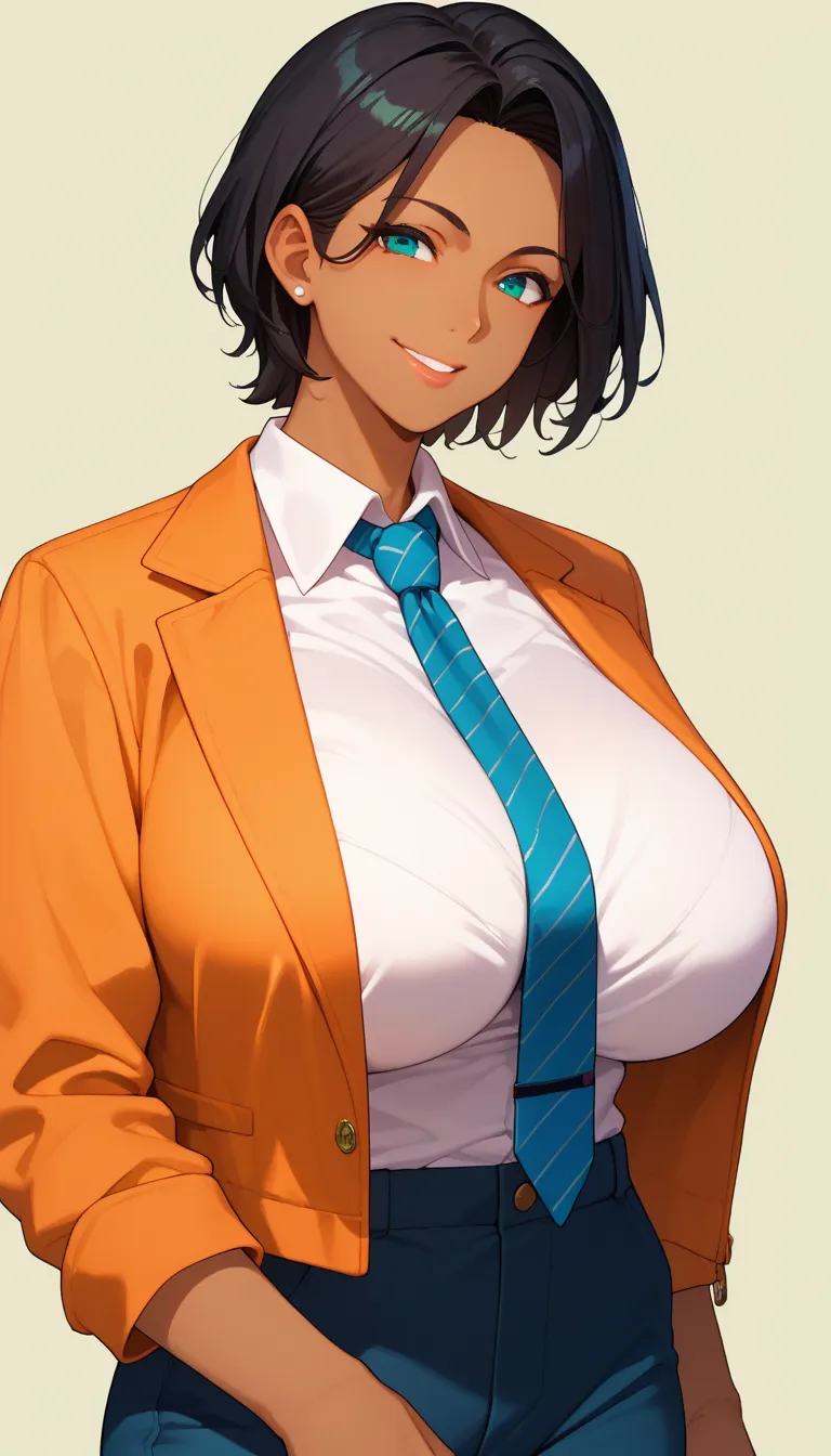 score_9, score_8_up, score_7_up, milfication, 1girl, solo, mature female, milf, looking at viewer, gigantic breasts, jacket, collared shirt, necktie, pants, upper body, dark skin, short hair, straight hair, black hair, teal eyes, smile