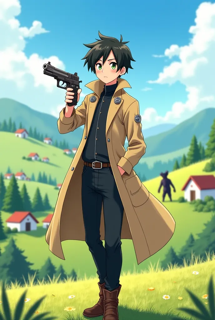 *"An anime-style illustration of a young man with slightly messy black hair and intense green eyes. He has a calm and serious expression, with a soft blush on his fair skin. His outfit consists of a long beige jacket with a high collar, slightly oversized,...