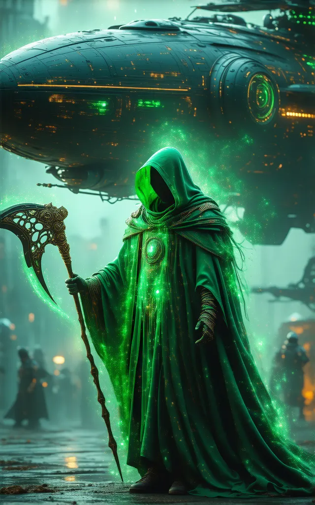 A cyberpunk wizard in green robes holding an ornate scythe stands next to their flying ship, in the style of a sci-fi movie still, in the style of ArtStation.