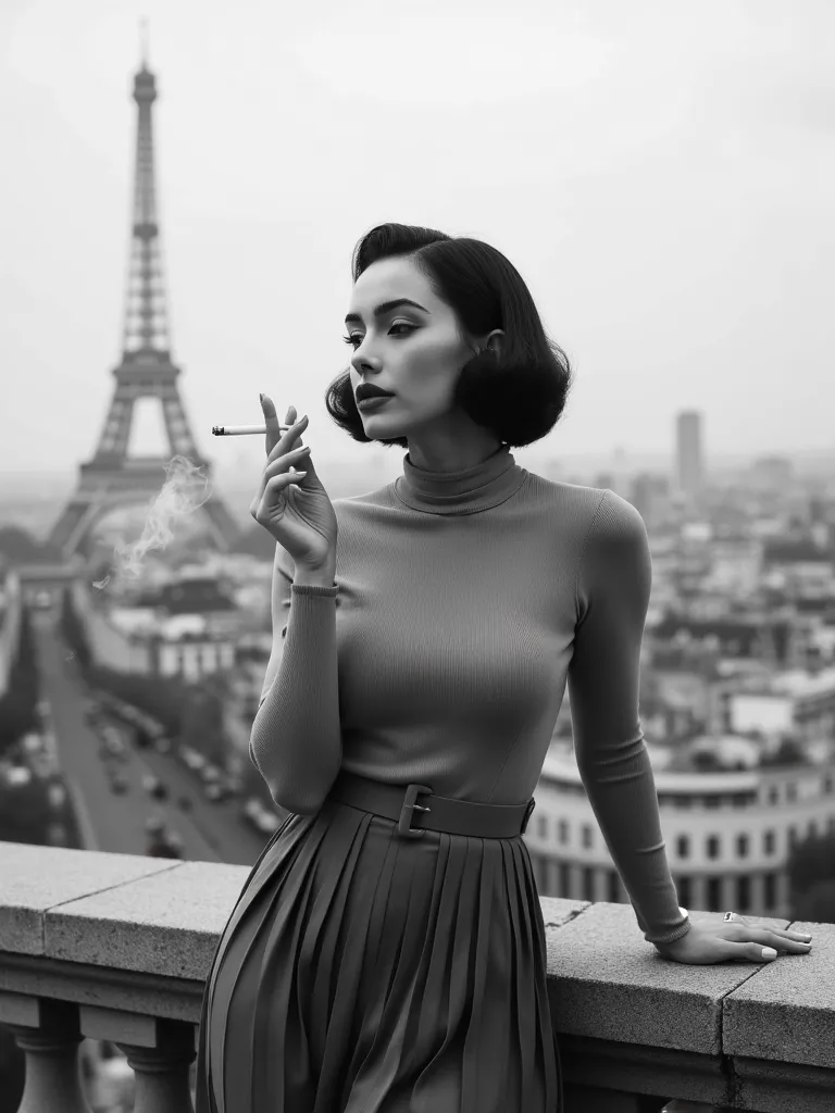 A young woman, 20s-30s, with a sophisticated 1940s-style bob haircut,  smokes a cigarette,  exuding a melancholic, contemplative mood.  She's positioned on a stone balustrade overlooking a Parisian cityscape with the Eiffel Tower in the background.  The wo...