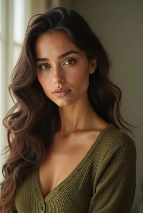 A highly realistic and surreal 4K image of a twenty-five-year-old woman from the waist up, with deep espresso brown waves flowing gracefully down her back. Her dark, soulful eyes are filled with quiet confidence, and her smooth, golden-toned complexion glo...