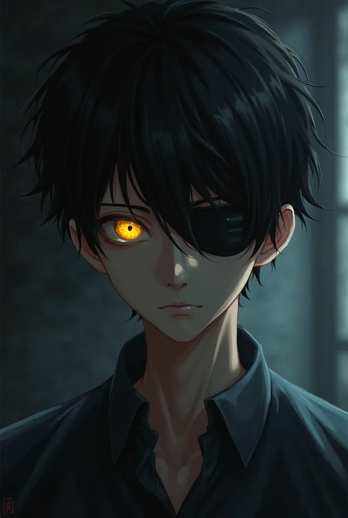 short dark-haired young man with yellow eyes with a patch over his left eye 