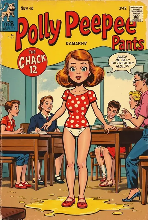 vintage 60s comic book, "POLLY PEEPEE PANTS", classic 's style comic book font, stroke embossed border, torn cover, worn, collector's item, show price and publisher logo, cute sweet girl in polka dot dress, peed in her panties, panties down to her knees, a...