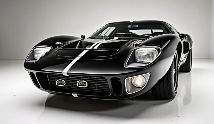  Front left side view of painted with Shiny black color rules 1965 ford GT40  in large shape car in large size with 1965 ford GT40  logo on its large detail grill in Shiny black  colour with angular sporty design captured from close front with view with mo...