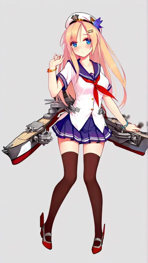 saratoga \(warship girls r\),((Best quality)),((Ultra-detailed)),((illustration)),((frilld)),(1 girl),(Solo), 1girl, solo, thighhighs, skirt, hat, hair ornament, school uniform, pleated skirt, serafuku, bracelet, hairclip, full body, black thighhighs, look...