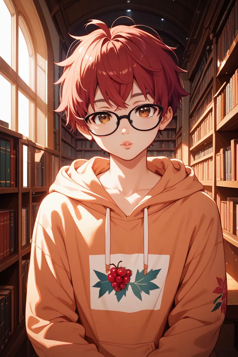 boy、berry short、brown hair、Brown Eyes、 hoodie、Oversized、Glasses、Half Body、Small face、Small lips、 cool series、Library