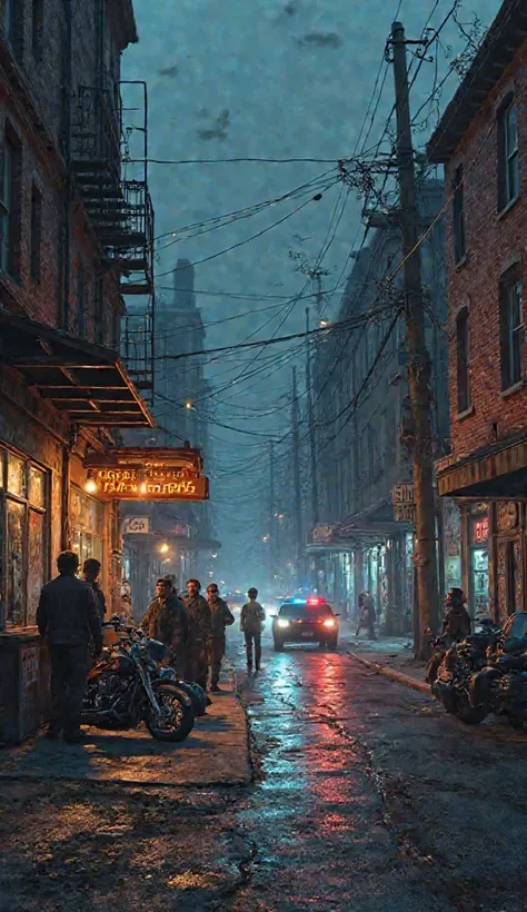 A gritty, realistic digital painting of a rough inner-city neighborhood inspired by Grand Theft Auto 6 (GTA 6). Dimly lit streets are lined with graffiti-covered walls and old brick buildings, some with neon-lit windows. A rundown gas station flickers with...