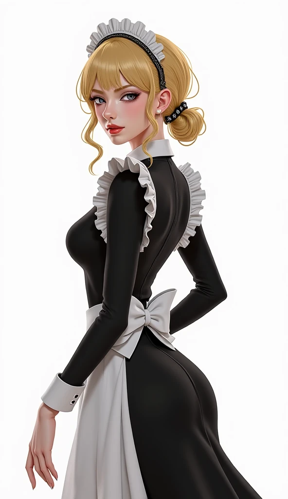 Blonde maid with cold eyes and attitude, Madura, sexy, full body, white background,  Good body