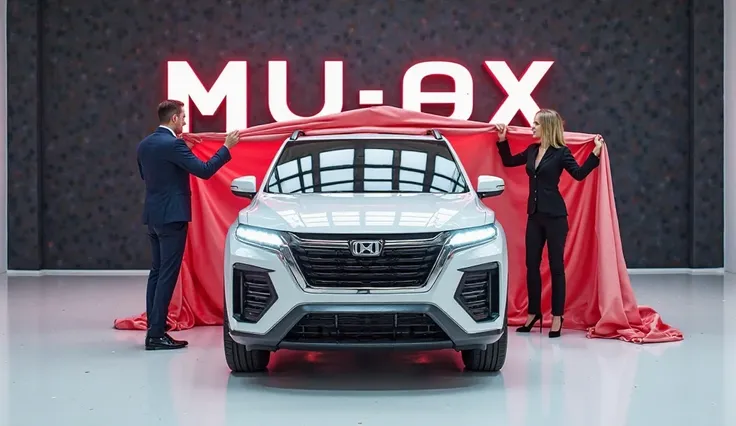 A captivating image of a ( 2025 honda cb400)center stage in a luxurious white showroom. The futuristic, vibrant (full white) exterior gleams, showcasing its sleek, aerodynamic design and bold accents. The words (Isuzu MU-X) are prominently displayed in lar...