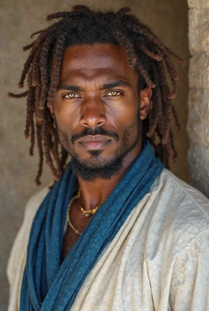 Handsome man with dark skin with sculpted body, Atlético with amber-yellow eyes, marked square face and sharp chin with bushy eyebrows and long eyelashes and thick lips, brown hair and dreadlocks in white and blue clothes Islamic costume 