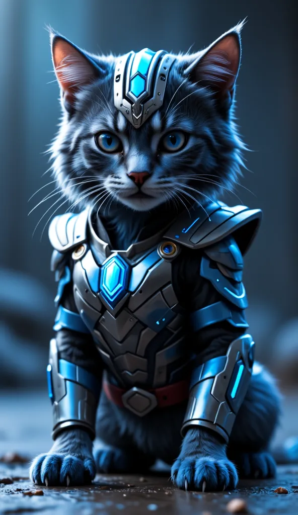 The image shows a majestic anthropomorphic kitten, its fur a mesmerizing blend of soft, fluffy textures and vibrant, electric blue hues that seem to shimmer under the cinematic lighting. The kitten's body is clad in a sleek Blue Power Ranger suit, the armo...